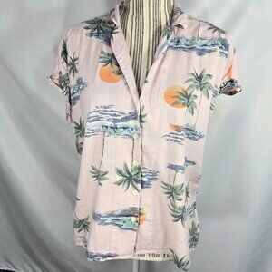 Old Navy Pink & Multi V Neck Button Down Cap Sleeve Hawaiian Shirt Size Medium
